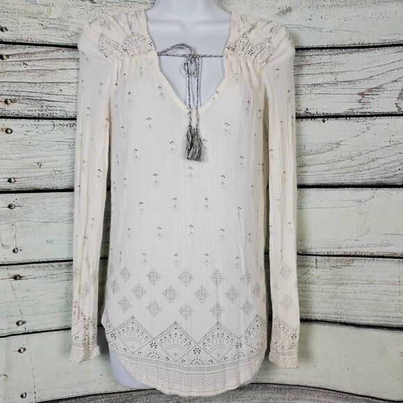 Lucky Brand White Boho Peasant Blouse Women’s Small Tassel Tie Long Sleeve - Picture 1 of 7